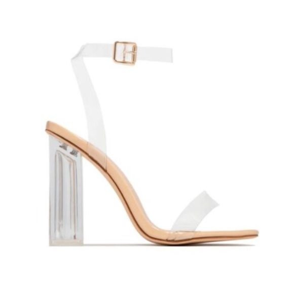 !! NEW !! Clear & Nude Ankle Strap Block Heels - Picture 2 of 3